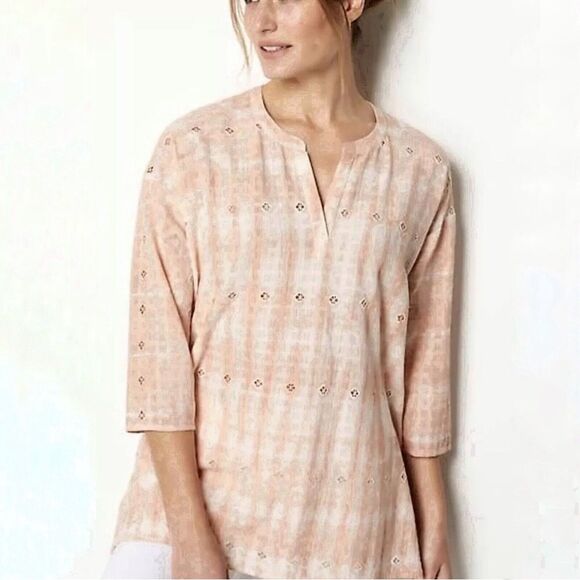 Pure J‎ Jill Schiffli Eyelet Cotton Tunic Top SZ LARGE Peach Beachy Lightweight - Picture 1 of 13